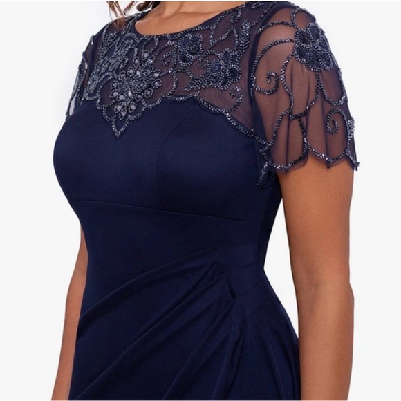 Elegant Navy Evening Gown with Beautiful Beaded Neckline and Flutter Sleeves - Picture 2 of 7